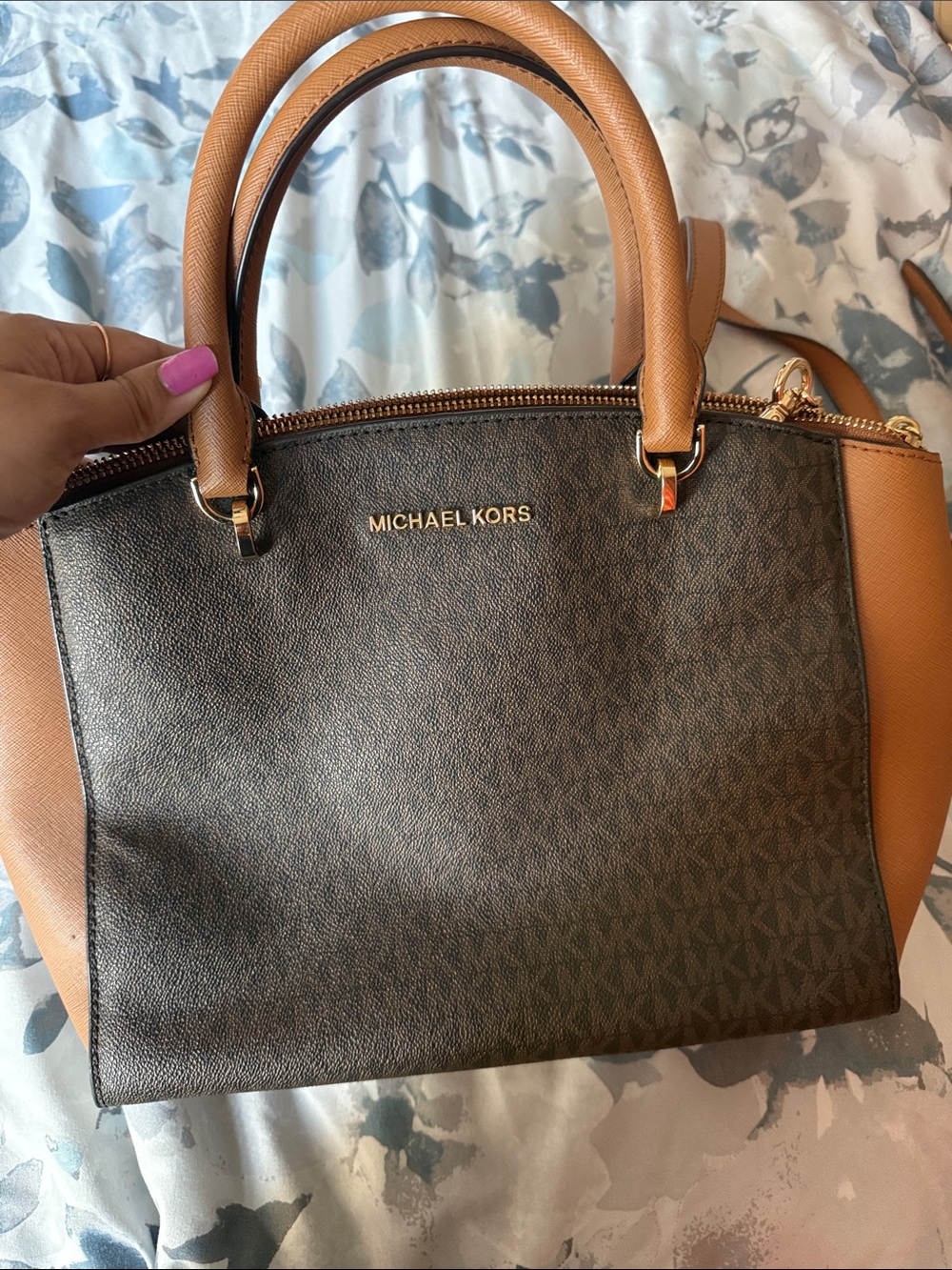 Michael Kors Brown Logo Satchel with Tan Trim